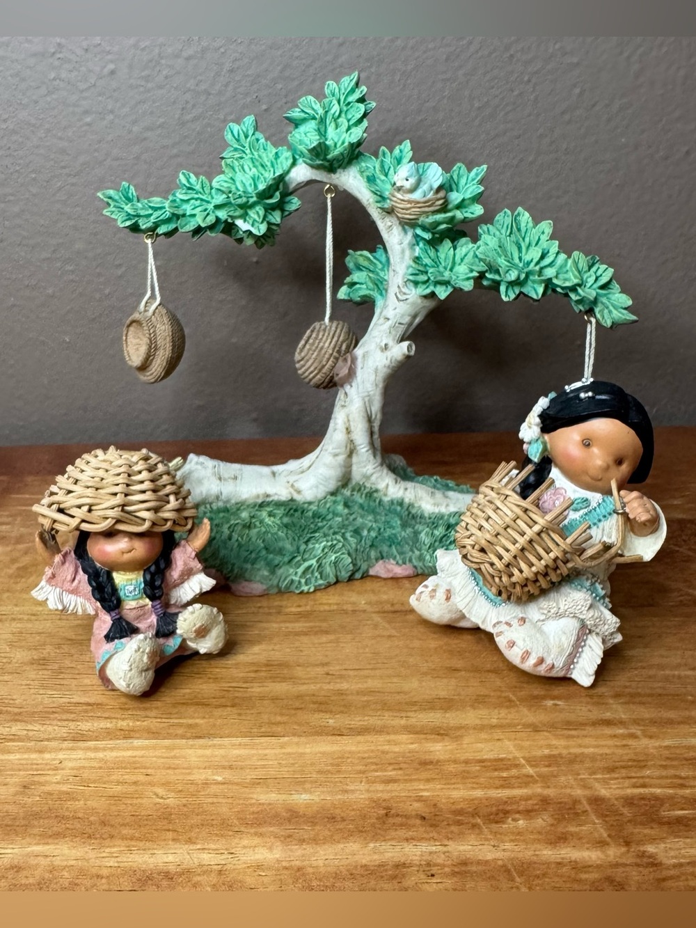 Ceramic Tree with Two Figurines in Green and Cream